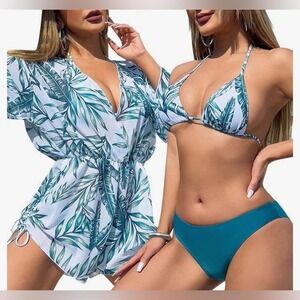 NEW Tropical Leaf Print Small THREE PIECE Set With Bikini & Mesh Romper Cover Up